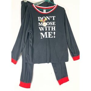 Holiday Time Velveteen Moose Graphic PJ Set Women XL Black Joggers Red Trim Fun